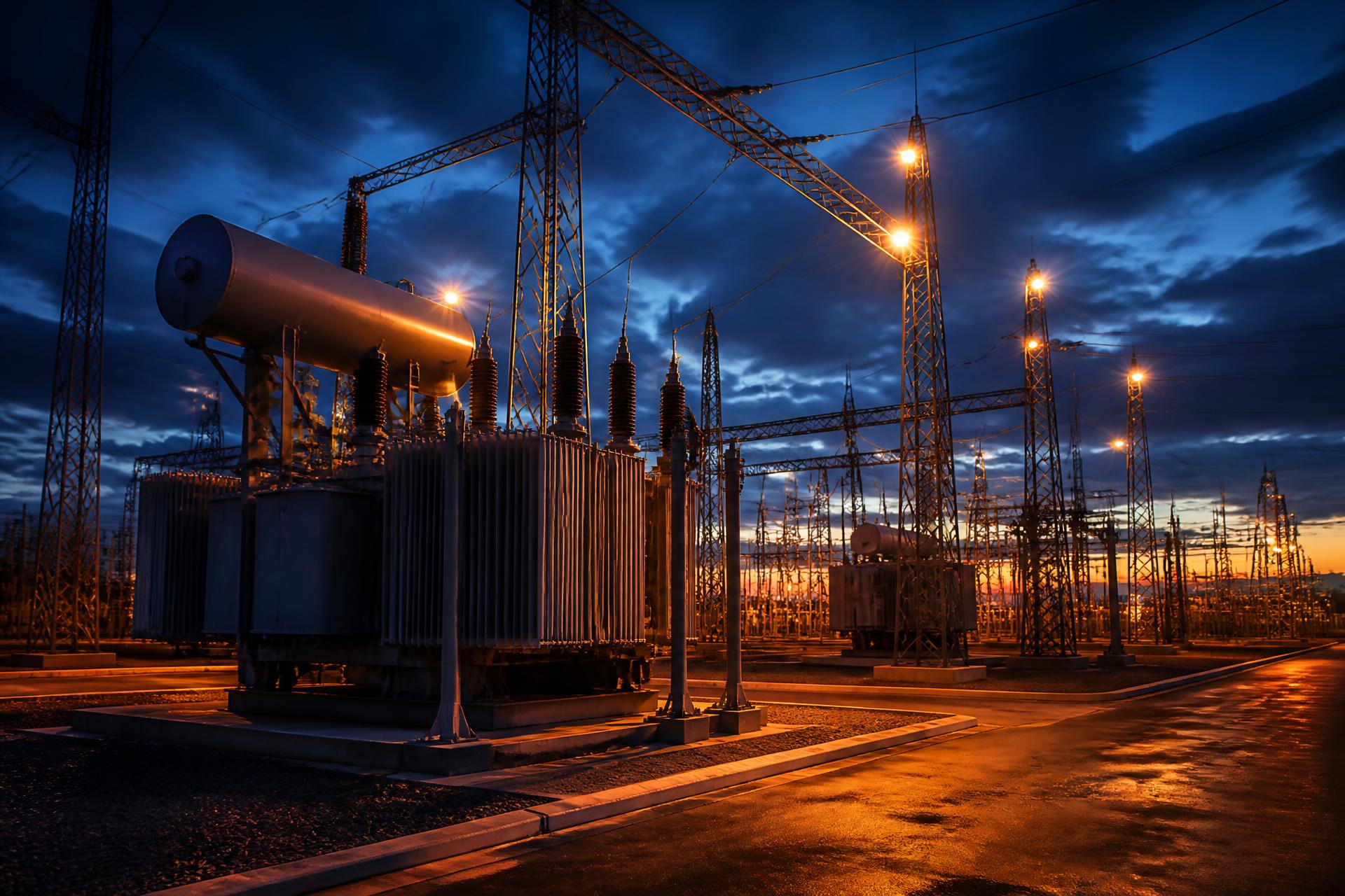 High-voltage electrical substation at blue hour
